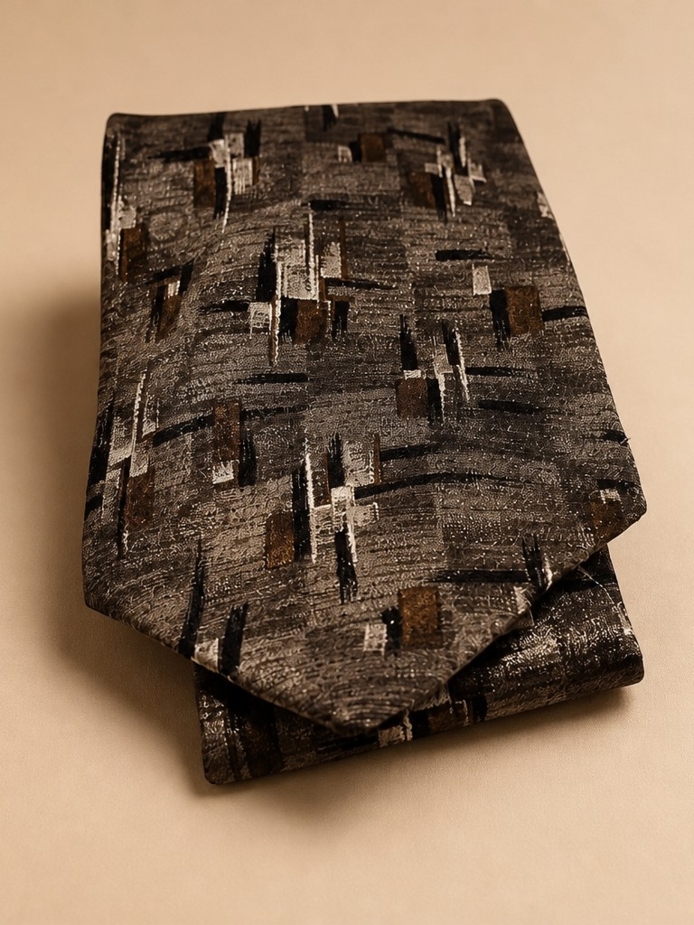 Pierre Cardin Abstract Gray Silk Tie with Black and Brown Accents